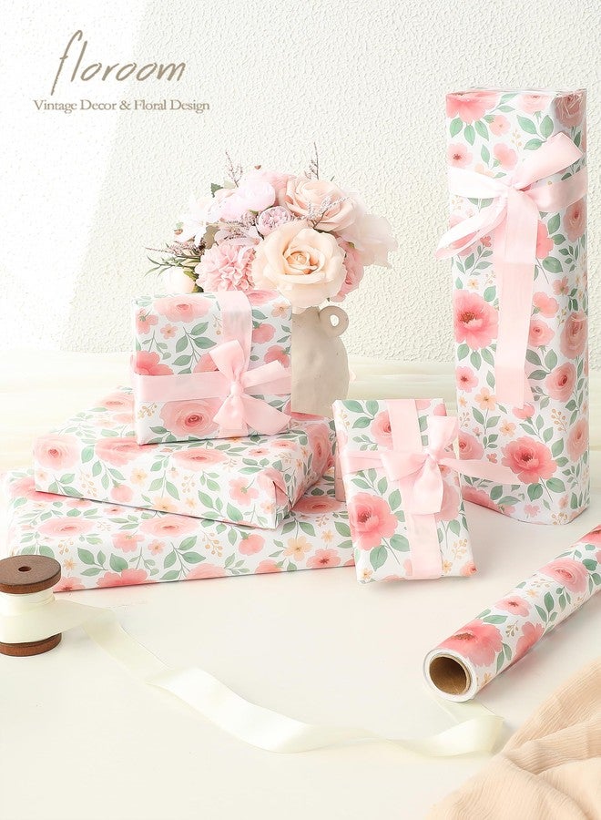 Floroom Floral Wrapping Paper Roll - 17 in. x 33 ft. (47 sq. ft.) Pink Watercolor Rose Flowers Gift Wrap for Weddings, Bridal Showers, Girls' Baby Showers, Mother's Day - Image 2